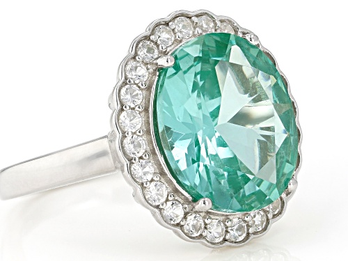 7.63ct Oval Lab Green Spinel With 0.69ctw Round Lab White Sapphire Rhodium Over Sterling Silver Ring - Size 8