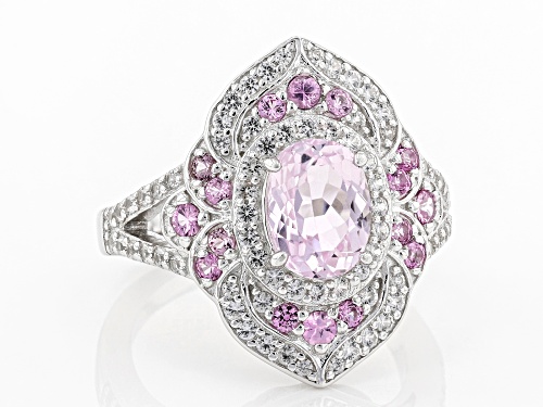 1.48ct Kunzite, 0.41ctw Pink Sapphire, and 0.56ctw White Zircon Rhodium Over Sterling Silver Ring - Size 8