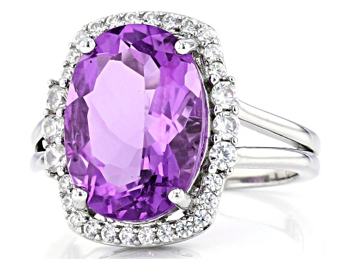 5.76ct Blue Color Shift Fluorite and .61ctw White Zircon Rhodium Over Sterling Silver Ring - Size 8