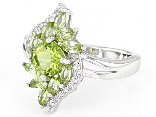 1.56ctw Manchurian Peridot(TM) and 0.20ctw White Zircon Rhodium Over Sterling Silver Ring - Size 7