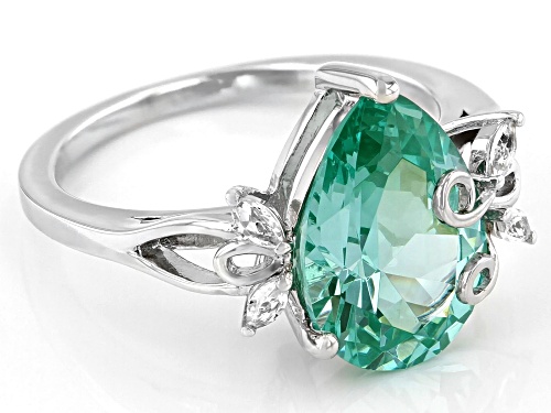 3.74ct Pear Shape Lab Created Green Spinel With 0.14ctw White Topaz Rhodium Over Silver Ring - Size 8