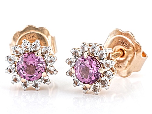 0.63ctw Round Pink Garnet With 0.21ctw Round White Topaz 10k Rose Gold Stud Earrings