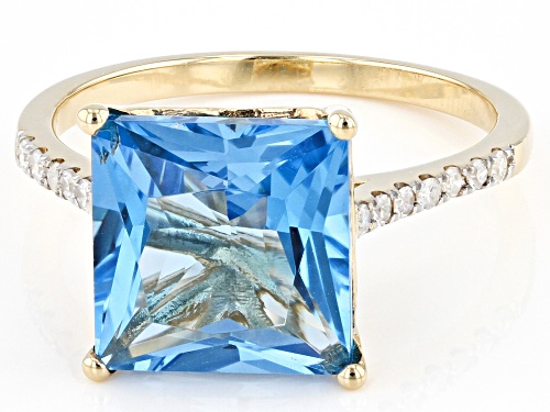 4.85ct Princess Cut Swiss Blue Topaz With 0.11ctw White Diamonds 10k Yellow Gold Ring - Size 7