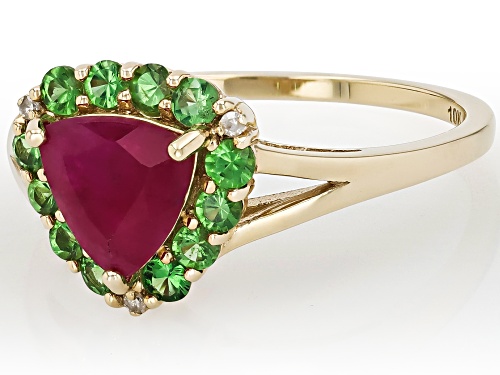 1.30ct John Saul Ruby With 0.51ctw Tsavorite And 0.01ctw White Diamond 10k Yellow Gold Ring - Size 7