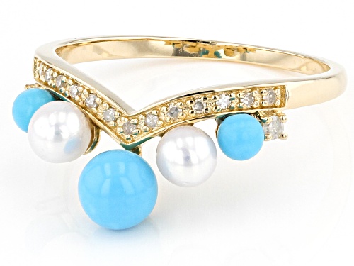 5x5mm Sleeping Beauty Turquoise, Cultured Akoya Pearl, 0.09ctw Diamond 14k Yellow Gold Band Ring - Size 5.5