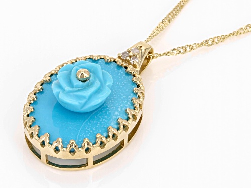 16x12mm Blue Sleeping Beauty Turquoise With 0.02ctw White Diamond 10k Yellow Gold Pendant With Chain