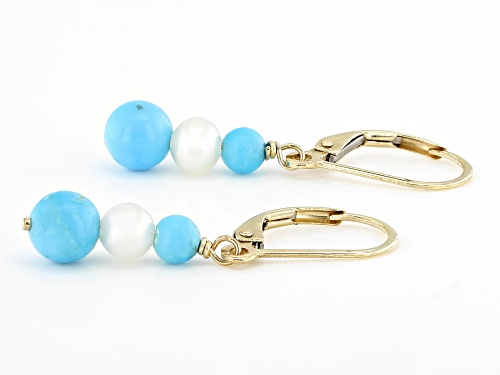 4mm, 6mm Blue Sleeping Beauty Turquoise With 5mm Cultured Freshwater Pearl 10k Yellow Gold Earrings
