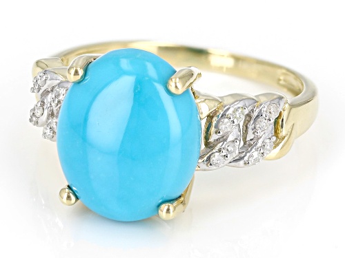 12x10mm Sleeping Beauty Turquoise With 0.07ctw White Diamond 10k Yellow Gold Ring - Size 11
