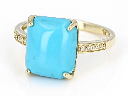 12x10mm Sleeping Beauty Turquoise With 0.04ctw White Diamond 10k Yellow Gold Ring - Size 9