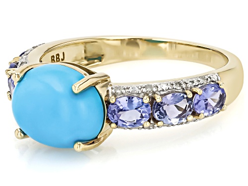 10x8mm Sleeping Beauty Turquoise, 0.92ctw Tanzanite With 0.06ctw White Diamond 10k Yellow Gold Ring - Size 6
