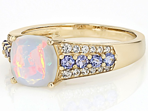 1.12ctw Ethiopian Opal With 0.34ctw Tanzanite With 0.08ctw White Zircon 10k Yellow Gold Ring - Size 8