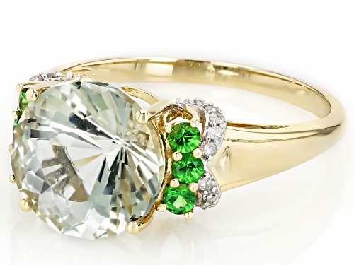 3.21ct Prasiolite With 0.20ctw Tsavorite With 0.08ctw White Diamond 10k Yellow Gold Ring - Size 8