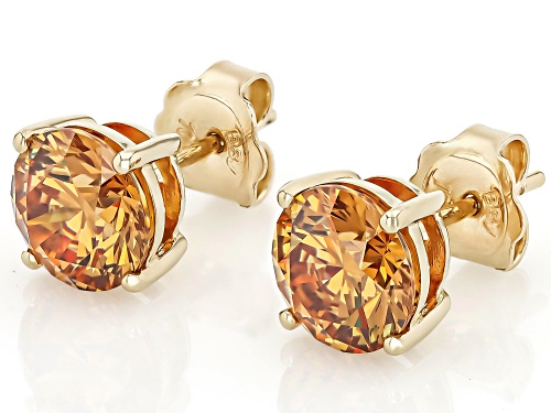 5.20ctw Round Cognac Strontium Titanate 10k Yellow Gold Stud Earrings