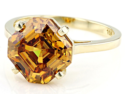 6.59ct Asscher Cut Cognac Strontium Titanate With 0.06ctw Champagne Diamond 10k Yellow Gold Ring - Size 8
