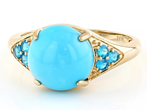 10mm Sleeping Beauty Turquoise With 0.26ctw Neon Apatite 10k Yellow Gold Ring - Size 12