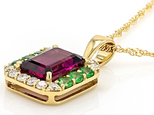 1.99ctw Grape Color Garnet, Tsavorite, Diamond 14k Yellow Gold Pendant With Chain