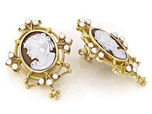 Cameo Italiano 20x16mm Portrait Cameo, 3mm Cultured Freshwater Pearl 18k Gold Over Silver Earrings