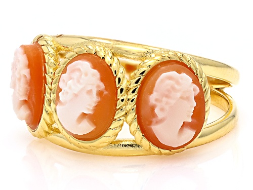 Cameoso™ 18k Yellow Gold Over Bronze 8x6mm Triple Cameo Band Ring with Rope Frame - Size 7