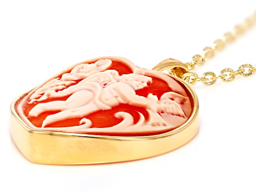 Cameoso™ 18k Yellow Gold Over Bronze 30mm Angel Carving Heart Pendant with Chain
