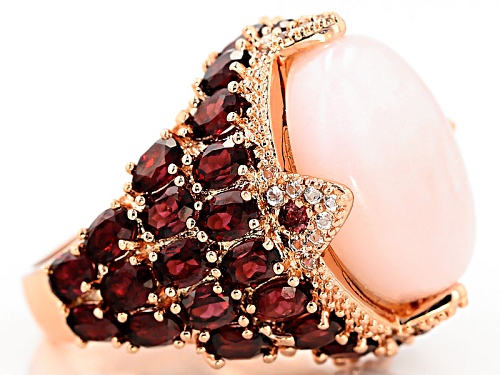 Timna Jewelry Collection™Oval Peruvian Pink Opal With 7.19ctw Rhodolite & White Topaz Copper Ring - Size 4