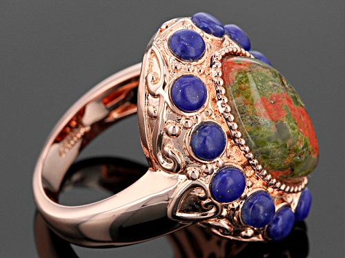 Timna Jewelry Collection™ 17x10mm Marquise Unakite With Round Lapis Lazuli Copper Ring - Size 4