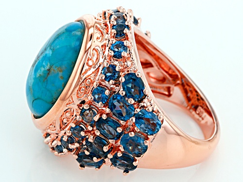 Timna Jewelry Collection™ 16x12mm Blue Turquoise With 5.01ctw London Blue Topaz Copper Ring - Size 4