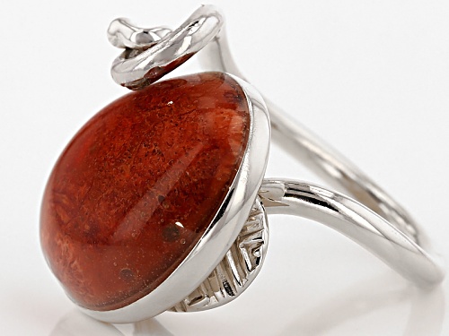 Pacific Style™ 22x18mm Fancy Cabochon Red Sponge Coral Sterling Silver Solitaire Ring - Size 7