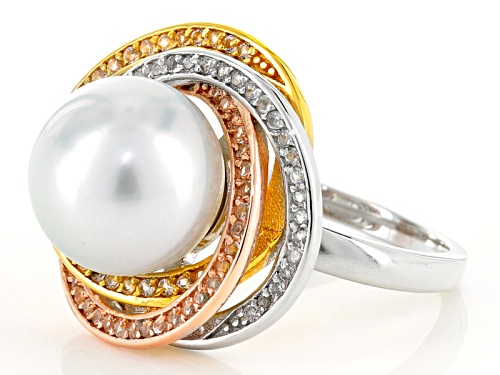 10mm White Cultured South Sea Pearl & White Topaz Rhodium & 18k Yellow & Rose Gold Over Silver Ring - Size 8