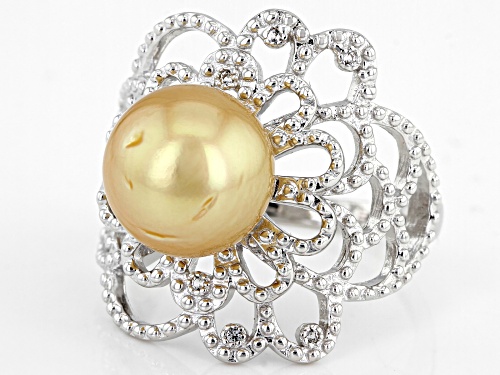 10-11mm Golden Cultured South Sea Pearl With White Topaz Rhodium Over Sterling Silver Ring - Size 12