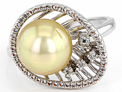 10-11mm Golden Cultured South Sea Pearl With White Topaz Rhodium Over Sterling Silver Ring - Size 10