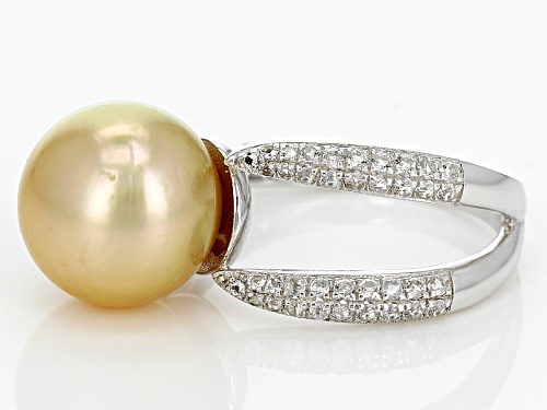11-12mm Golden Cultured South Sea Pearl With White Topaz Rhodium Over Sterling Silver Ring - Size 11