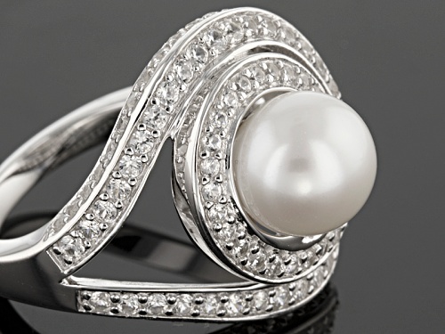 8.5-9mm White Cultured Freshwater Pearl & 1.98ctw White Zircon Rhodium Over Sterling Silver Ring - Size 12