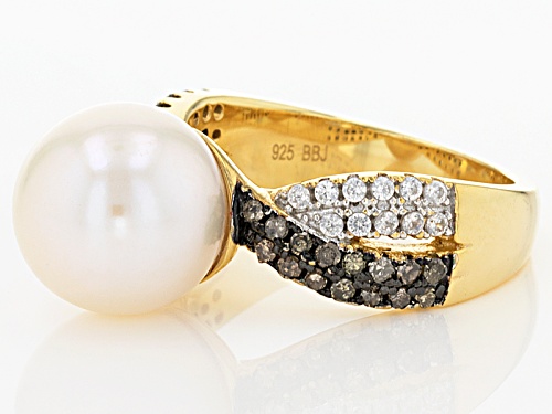 11mm Cultured Freshwater Pearl, Champagne Diamond & White Zircon 18k Yellow Gold Over Silver Ring - Size 7