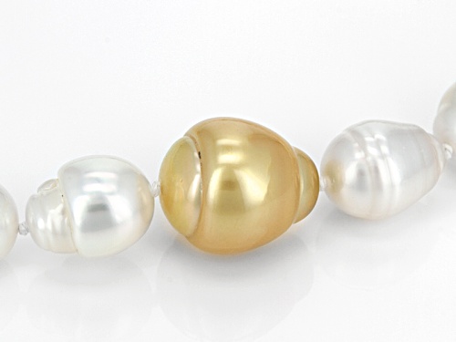 9-10mm White & Golden Cultured South Sea Pearl Rhodium Over Silver 18 Inch Strand Necklace - Size 18