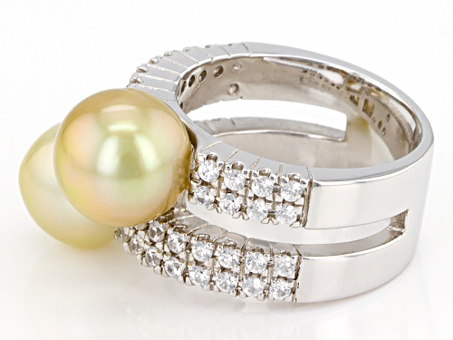8-9mm Golden Cultured South Sea Pearl & White Zircon Rhodium Over Sterling Silver Ring - Size 9
