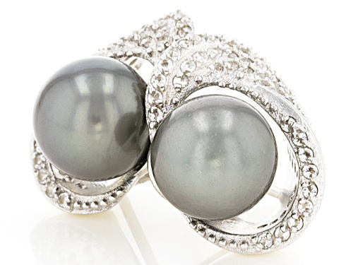 8mm Cultured Tahitian Pearl With White Topaz Rhodium Over Sterling Silver Earrings