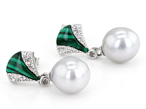 9-10mm Silver Cultured Tahitian Pearl, Malachite & White Topaz Rhodium Over Sterling Silver Earrings