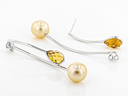 11-12mm Golden Cultured South Sea Pearl & 4.20ctw Citrine Rhodium Over Sterling Silver Earrings