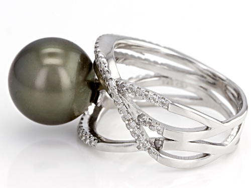 11mm Cultured Tahitian Pearl With .78ctw White Topaz Rhodium Over Sterling Silver Ring - Size 12