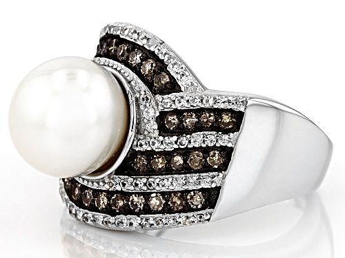 9.5-10mm Cultured Freshwater Pearl, 1.08ctw Diamond & Zircon Rhodium Over Silver Ring - Size 12