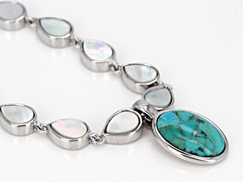 14x10mm Turquoise & White Mother-Of-Pearl, Rhodium Over Silver 18 Inch Necklace With 2 Inch Extender - Size 18