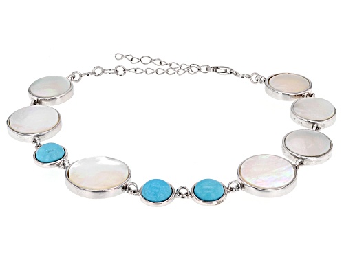 11-15mm Mother-Of-Pearl & 8mm Turquoise Rhodium Over Silver 8 Inch Bracelet With 2 Inch Extender - Size 8
