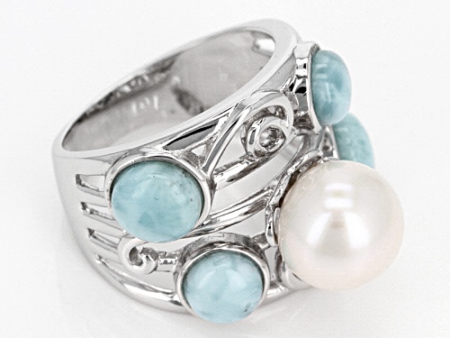 9.5-10mm White Cultured Freshwater Pearl & 2.25ctw Larimar Rhodium Over Sterling Silver Ring - Size 5