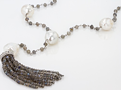 13-15mm Gray Cultured Freshwater Pearl, Labradorite & Topaz Rhodium Over Silver 18 Inch Necklace - Size 18