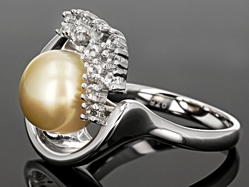 10mm Golden Cultured South Sea Pearl & White Zircon Rhodium Over Sterling Silver Ring - Size 7
