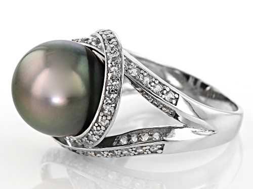 12mm Cultured Tahitian Pearl & .95ctw White Topaz Rhodium Over Sterling Silver Ring - Size 9