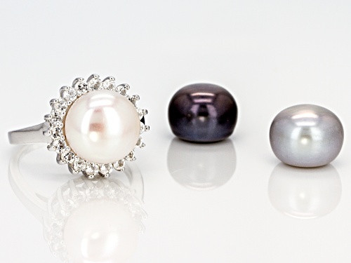 11MM MULTI-COLOR CULTURED FRESHWATER PEARL & TOPAZ RHODIUM OVER SILVER INTERCHANGEABLE RING SET - Size 12