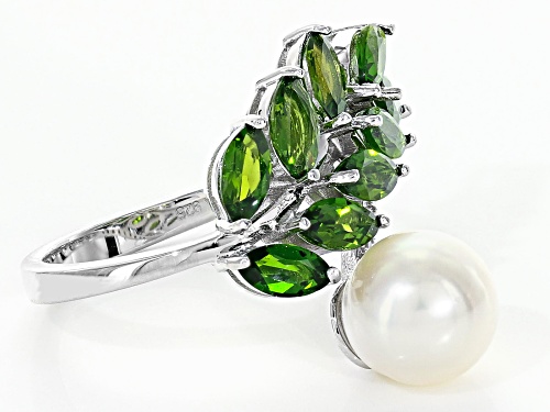 9-9.5mm Cultured Freshwater Pearl, Chrome Diopside & White Zircon Rhodium Over Silver Ring - Size 11