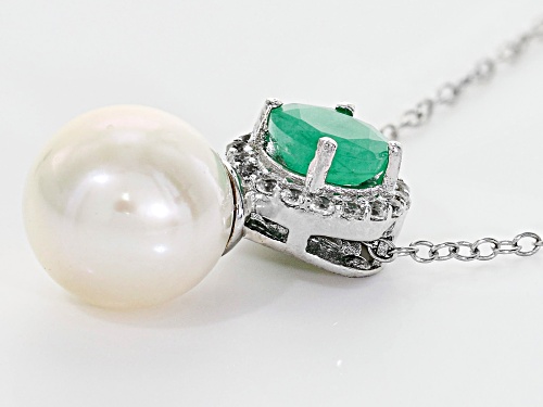 9.5-10mm Cultured Freshwater Pearl, Sakota Emerald & Zircon Rhodium Over Silver Pendant With Chain