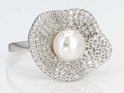 7-8mm Cultured Freshwater Pearl & Bella Luce(TM) Diamond Simulant Rhodium Over Silver Ring - Size 11